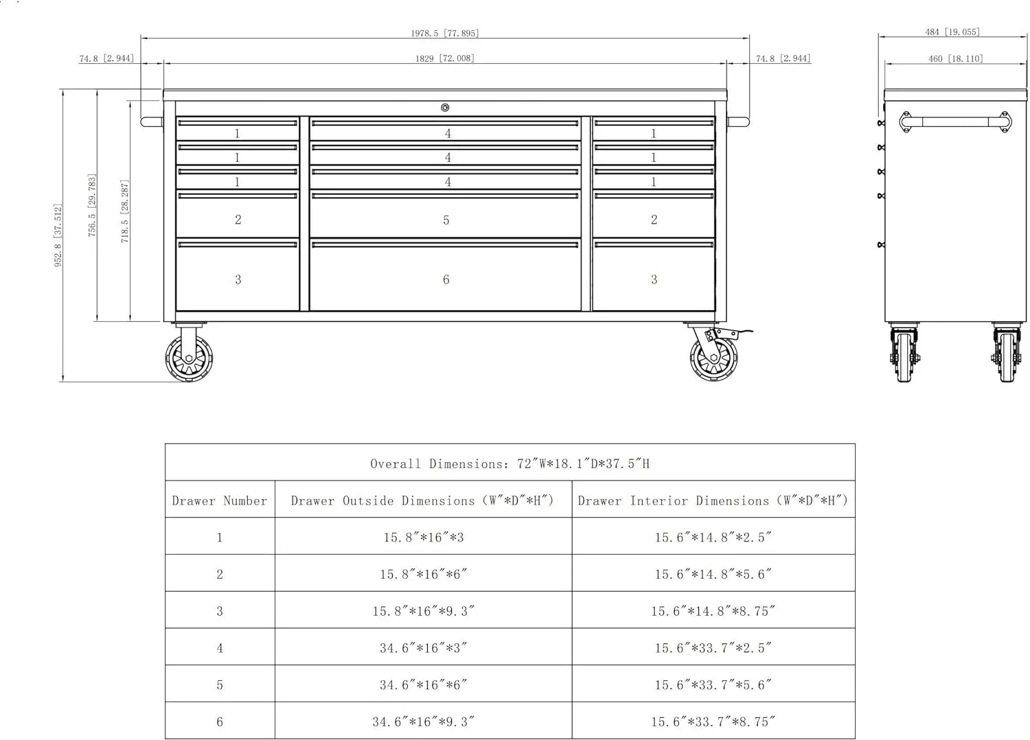 72 Inch 15 Drawers black Tool Chest workbench with wooden top - Image 3